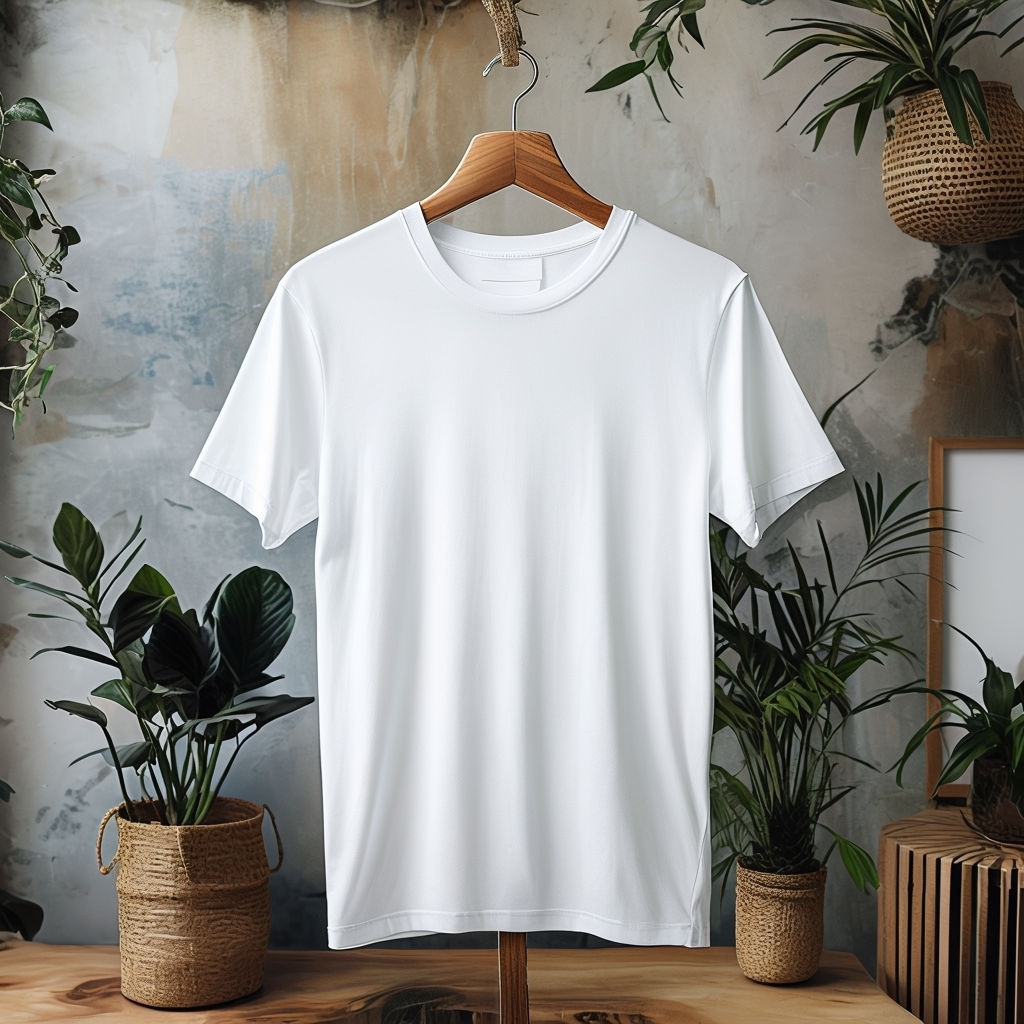 Minimalist White T-Shirt Mockup with Natural Wooden Hanger Mockup