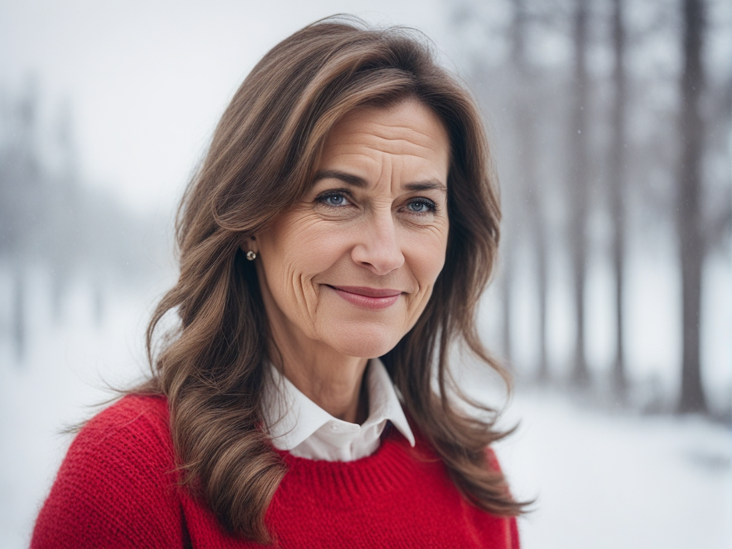 The front side of a brown hair woman 48 years old with a red... by ...