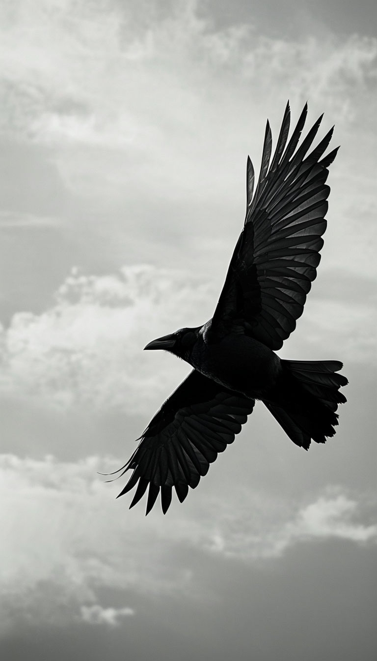 Elegant Black and White Crow Flying Against Cloudy Sky Wallpaper