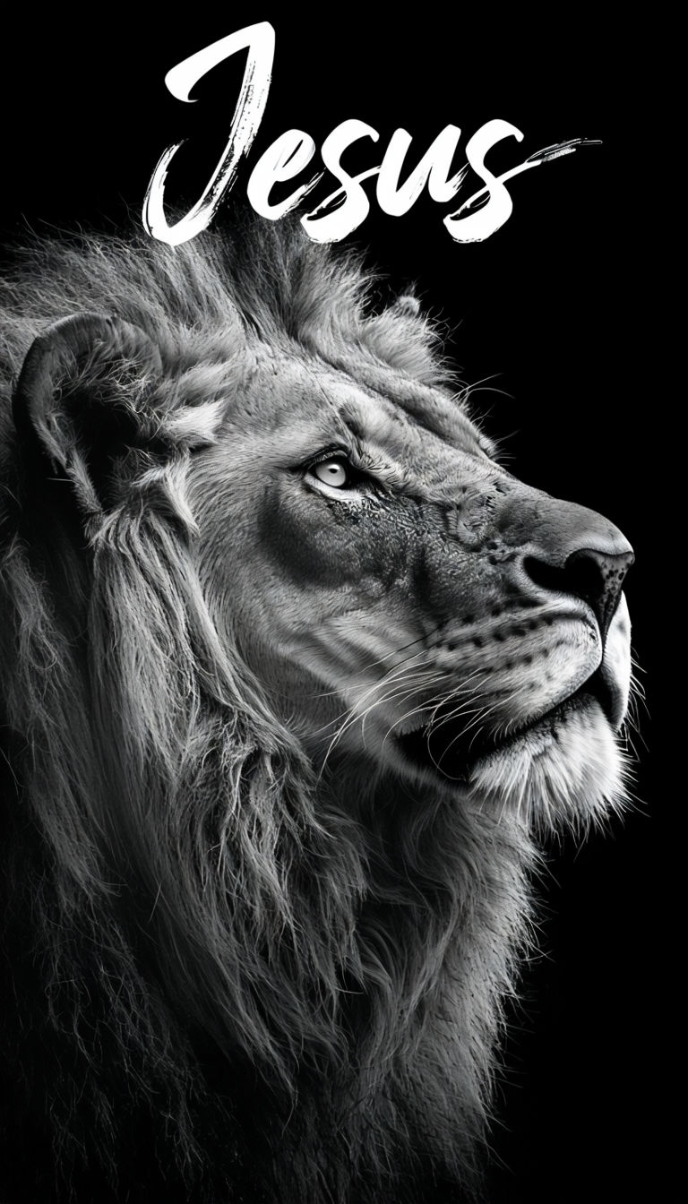 Majestic Lion Close-Up with Inspirational 'Jesus' Typography Mobile Wallpaper