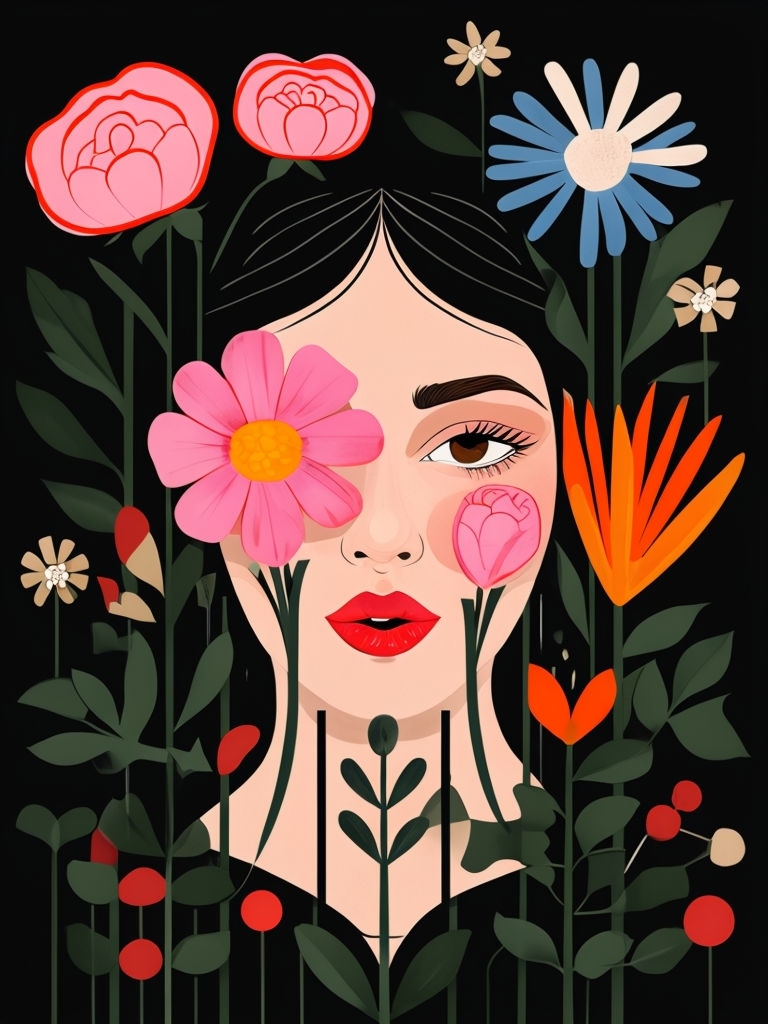 Vibrant Modern Folk Art Woman with Flowers Illustration Art