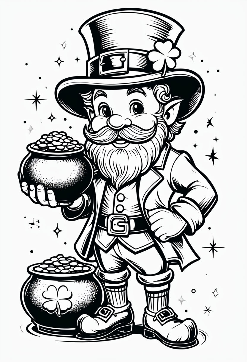 Cheerful Cartoon Leprechaun Holding Pots of Gold Coloring Page