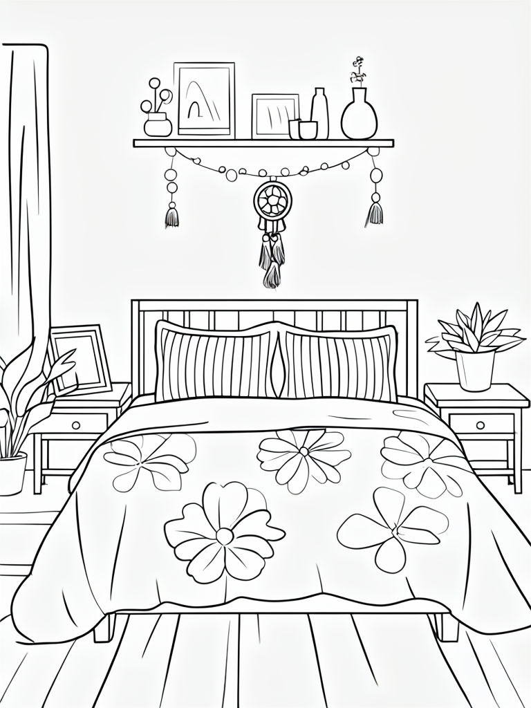 Minimalist Cozy Bedroom Line Art for Coloring Book Pages