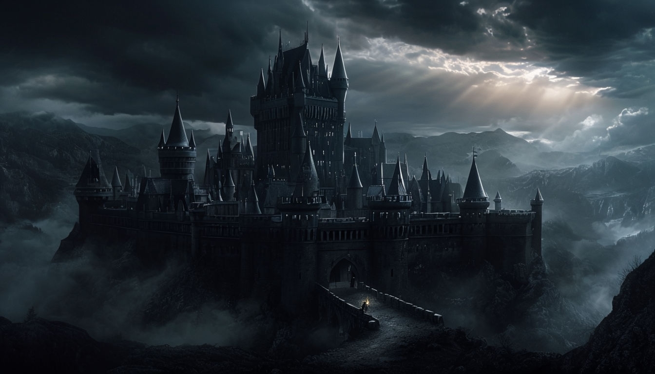 Eerie Dark Fantasy Castle Surrounded by Misty Landscape Art // Virtual Backgrounds