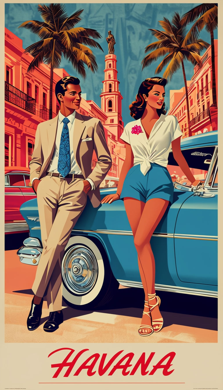 Vibrant Havana Cuba Travel Poster with Classic Cars and Colorful Architecture