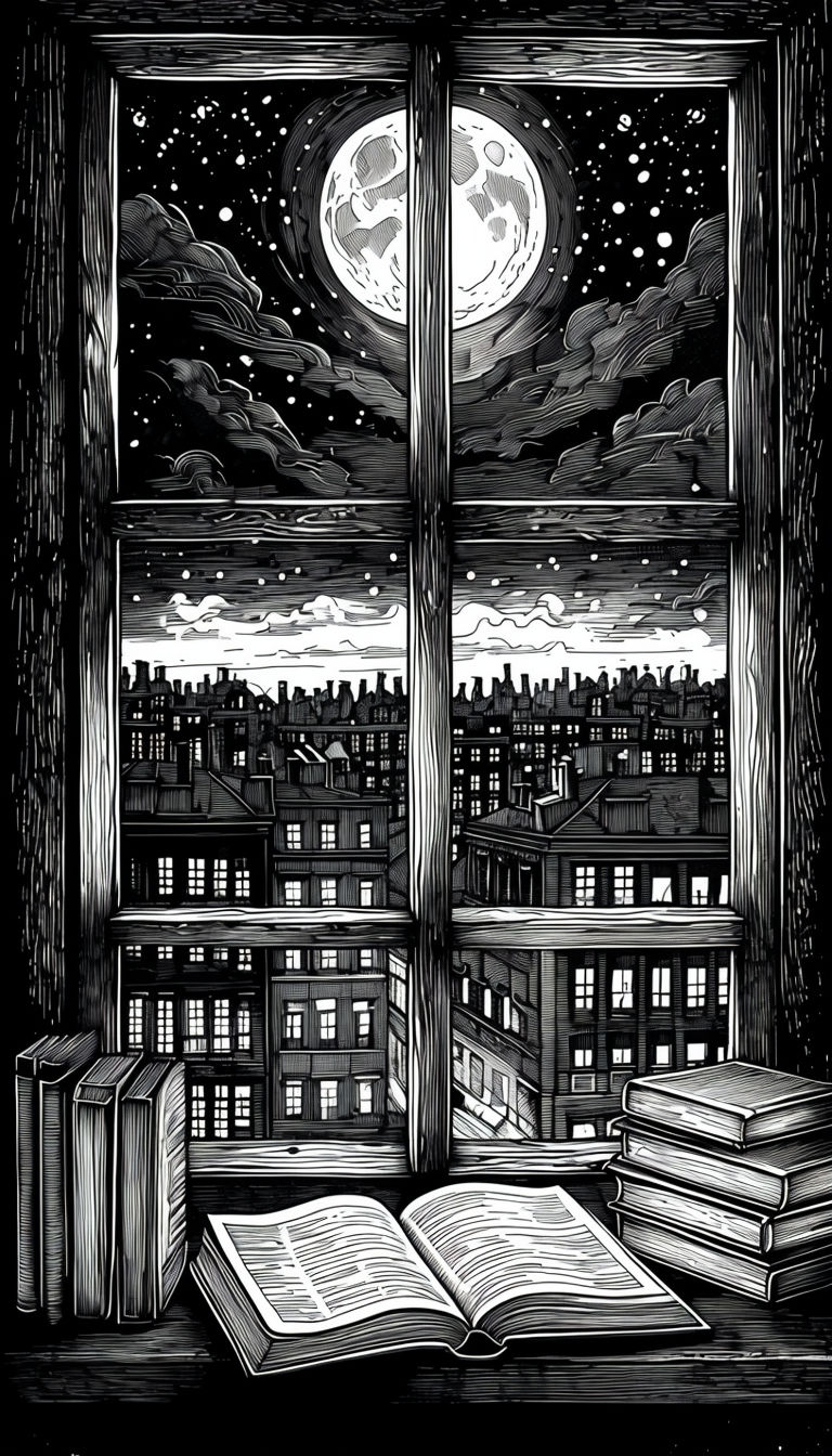 Cozy Indoor Reading Scene with Moonlit Cityscape Poster
