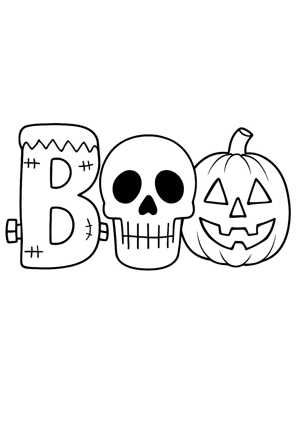 Playful Halloween Characters 'BOO' Line Drawing for Coloring Book Pages