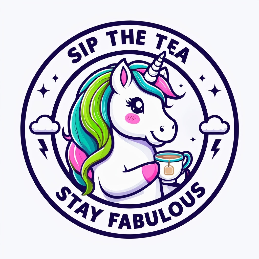 Whimsical Unicorn with Teacup and 'Sip the Tea' Mug