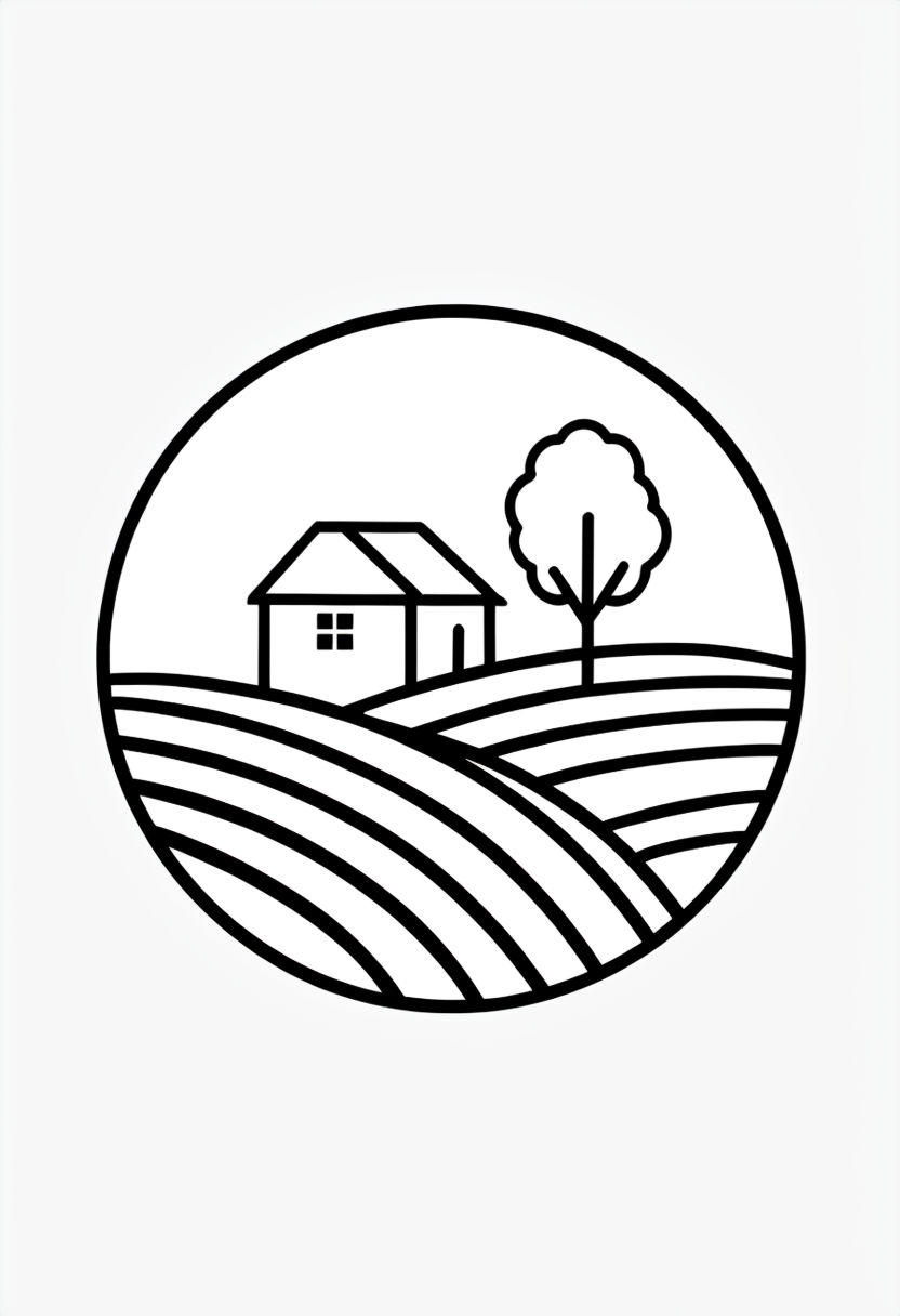 Minimalist Rural Scene Line Art Illustration for Coloring Book Pages