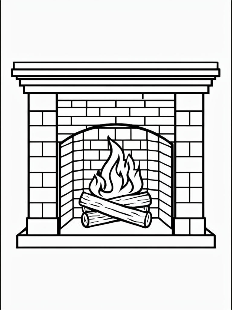 Classic Black and White Fireplace Line Drawing Coloring Page