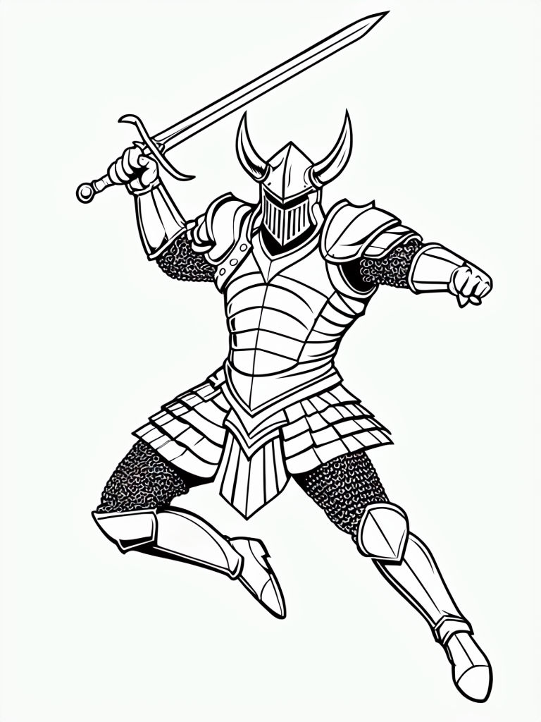 Dynamic Armored Knight Leaping with Sword Coloring Page