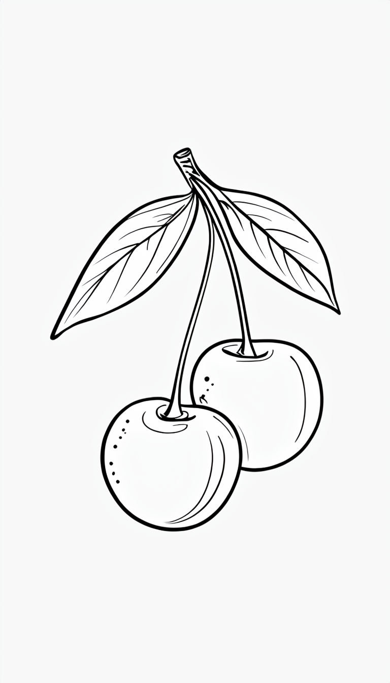 Minimalist Line Drawing of Two Cherries Illustration Coloring Book Pages