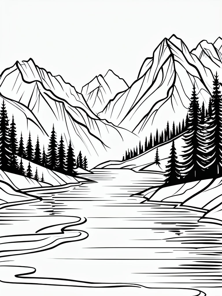 Serene Mountainous Landscape Coloring Book Page