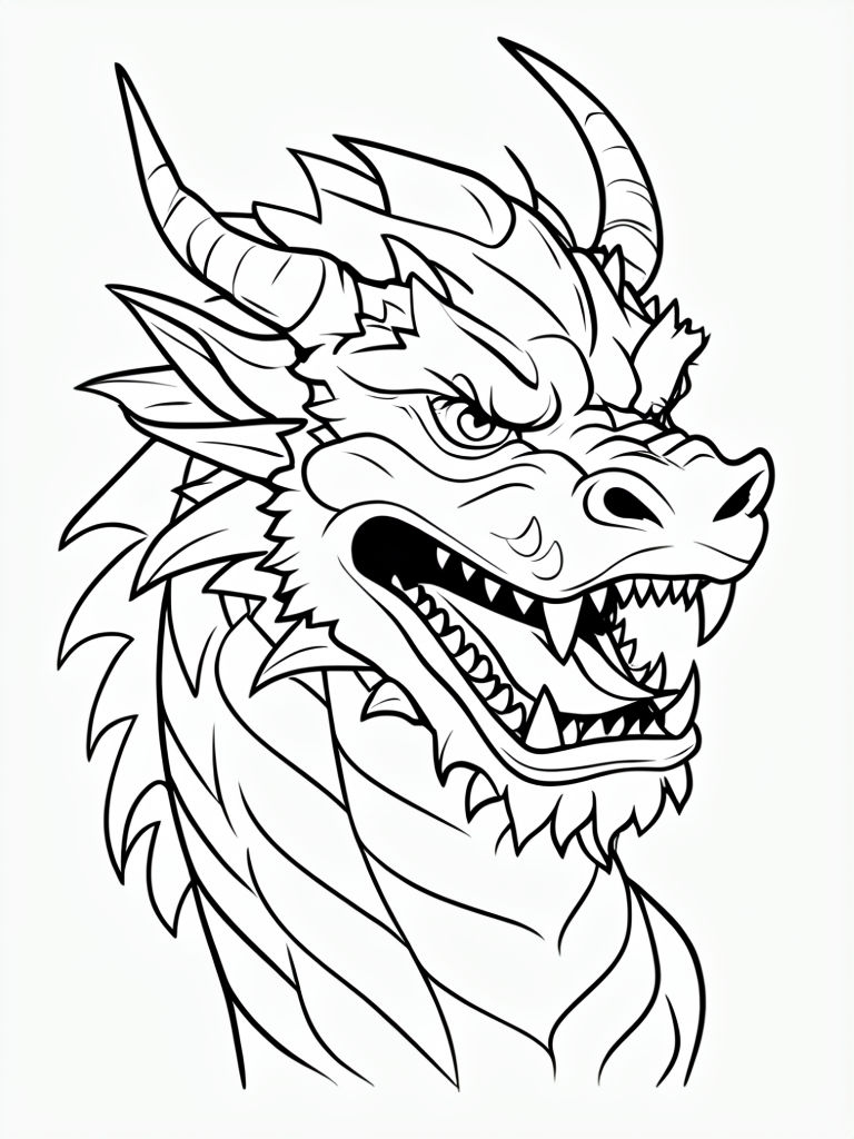Fierce Dragon Head Bold Line Art for Coloring Book Pages