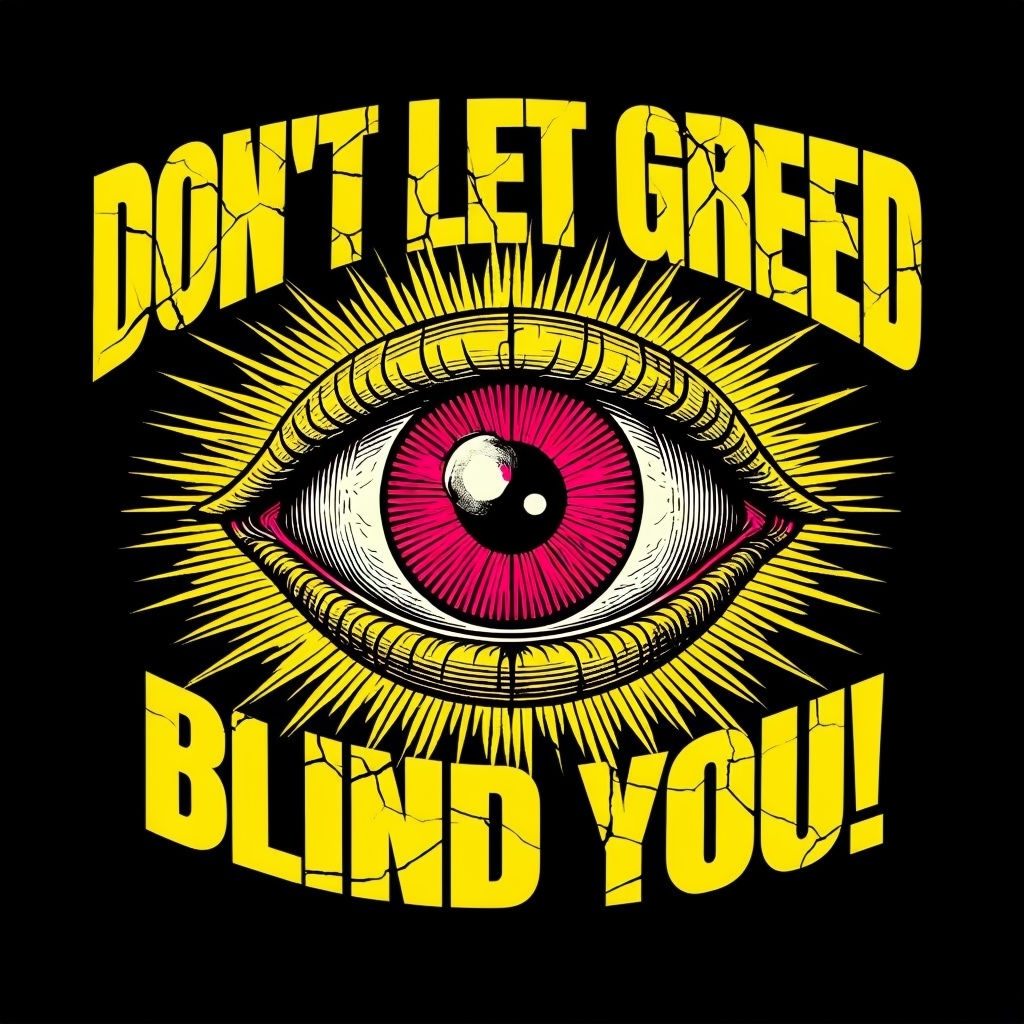 Hypnotic Eye with Cracked Text Don't Let Greed Blind You T-shirt