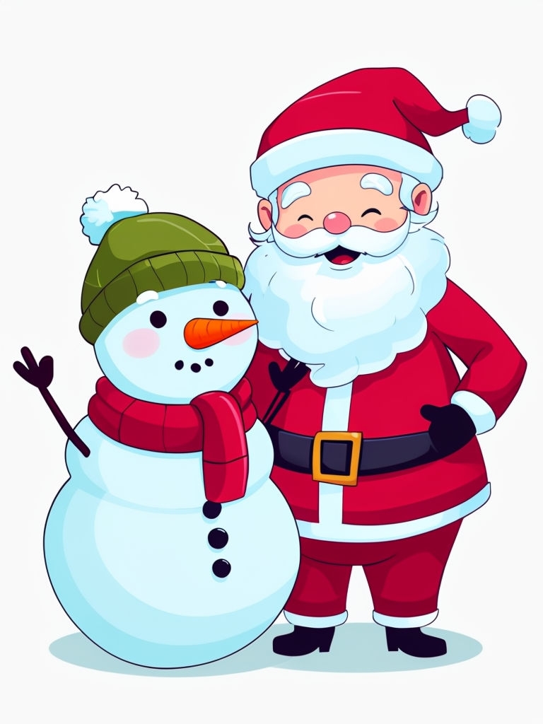 Joyful Snowman and Santa Claus Cartoon Sticker