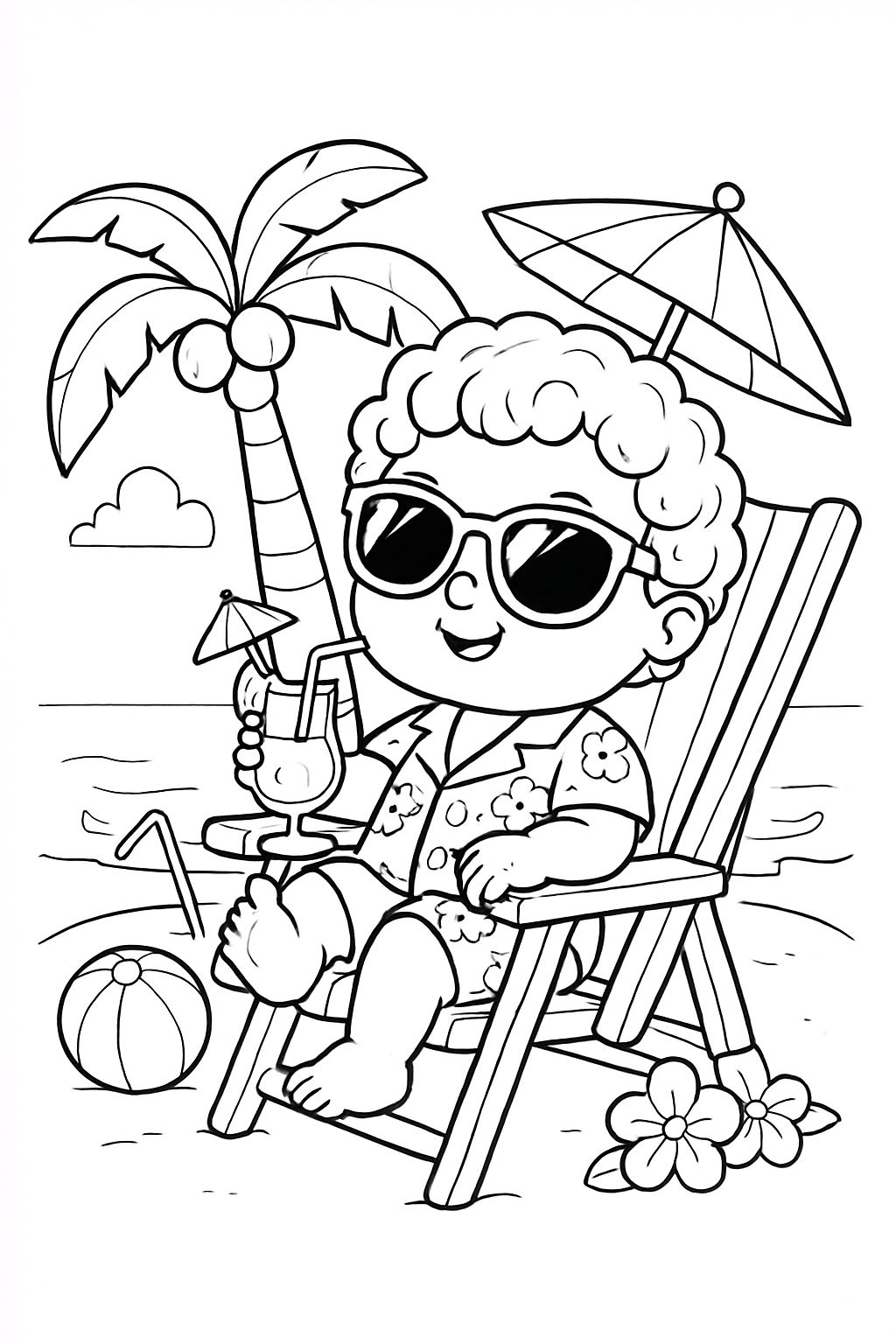 Child Relaxing on the Beach Line Drawing Coloring Page
