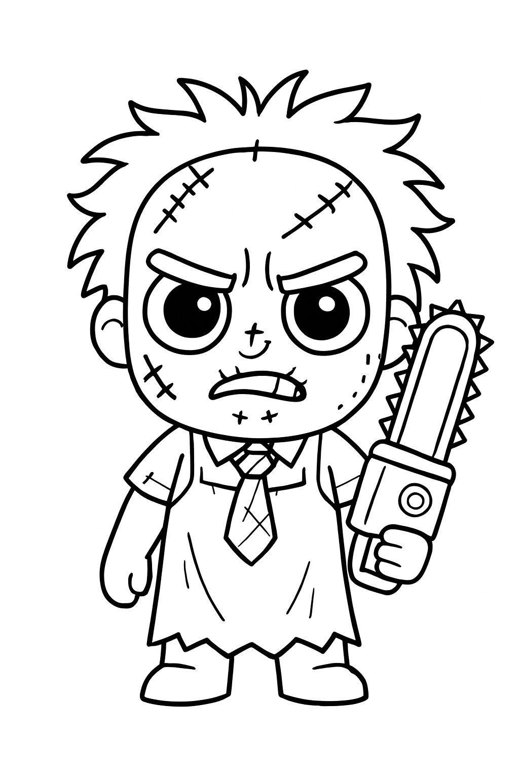 Aggressive Cartoon Character with Chainsaw Coloring Page