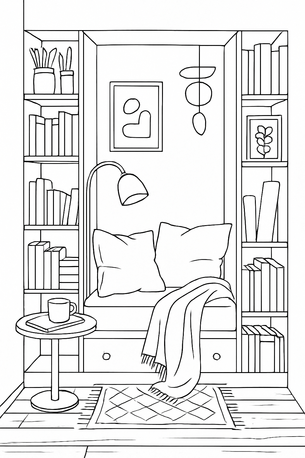 Cozy Reading Nook Line Drawing for Tranquil Coloring Book Pages