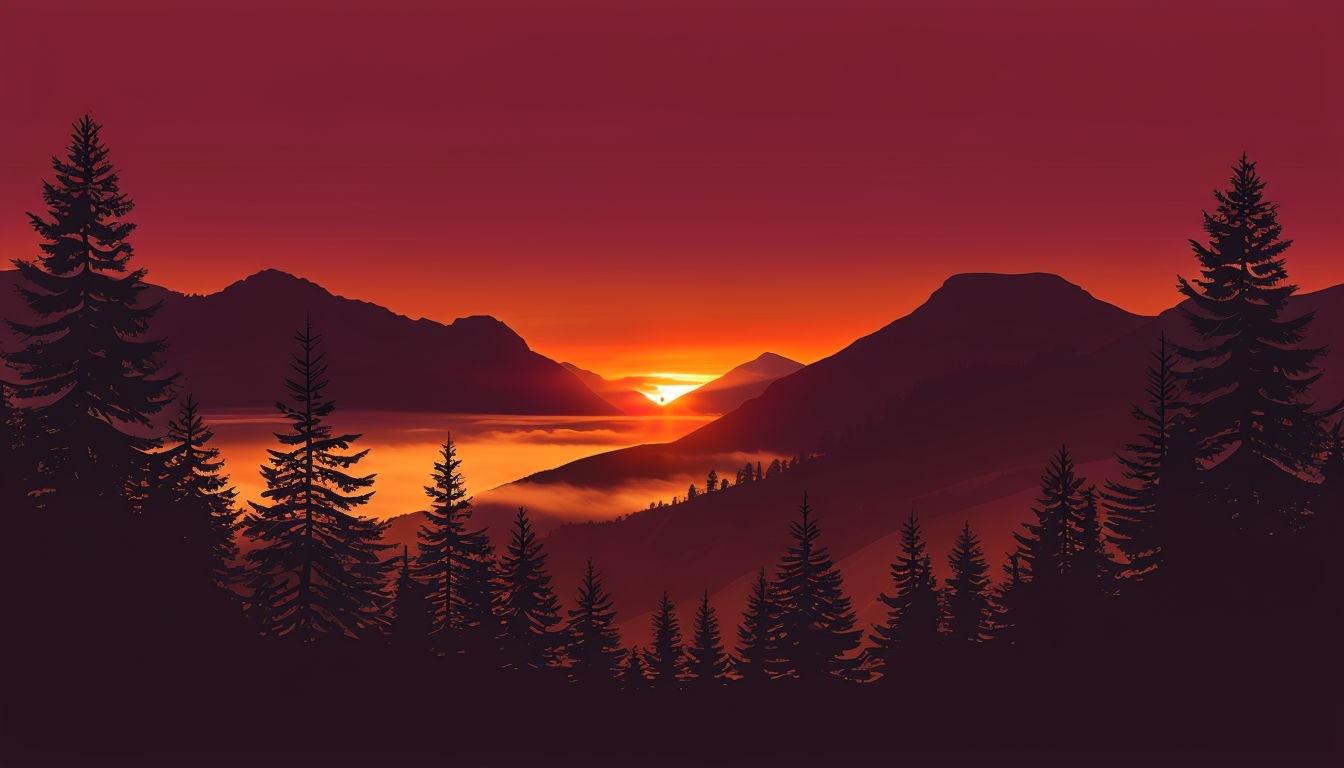 Dramatic Sunset Landscape with Silhouetted Evergreen Trees Virtual Backgrounds