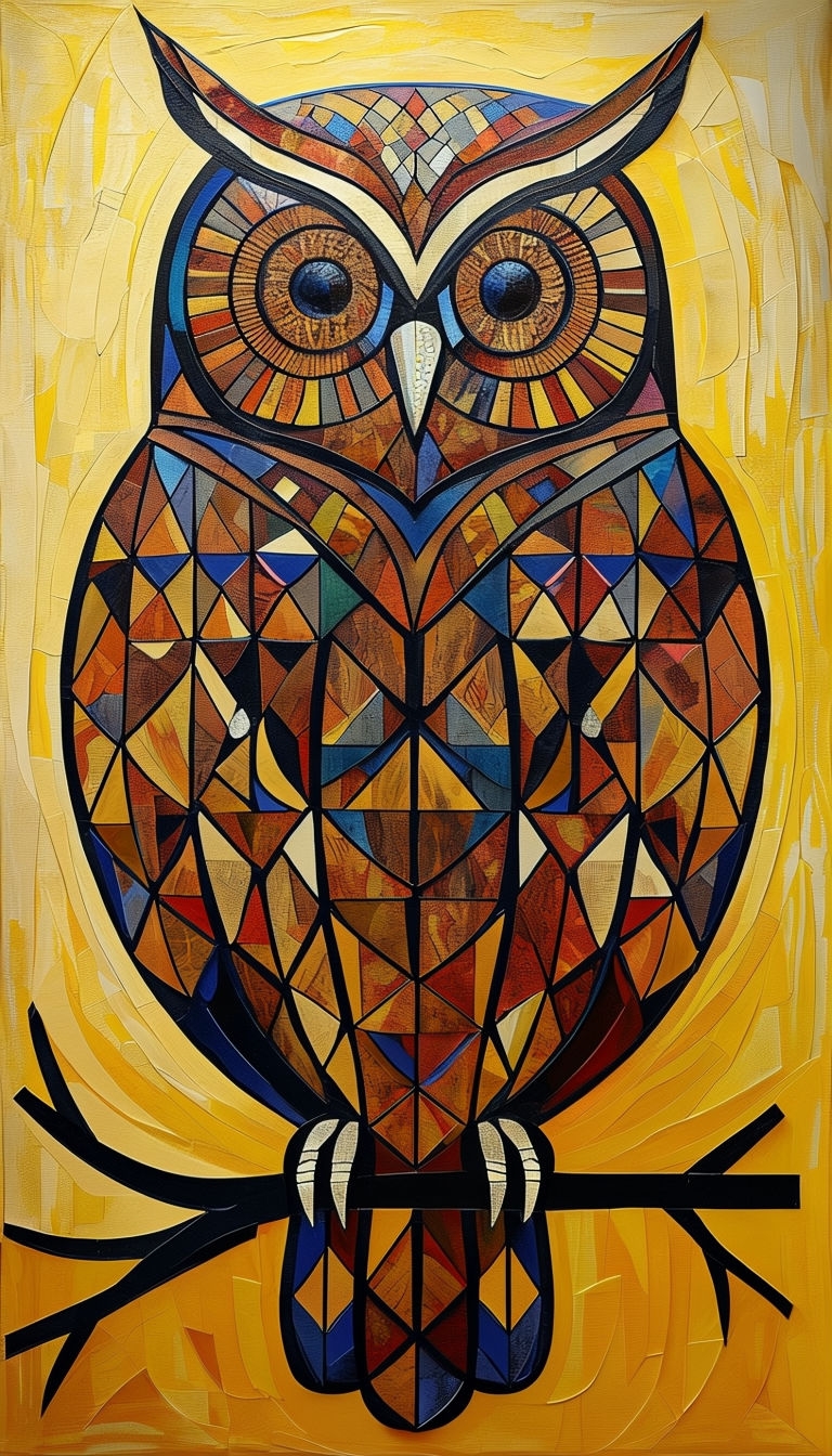Intricate Mosaic Owl Painting with Earth Tones and Patterns Art