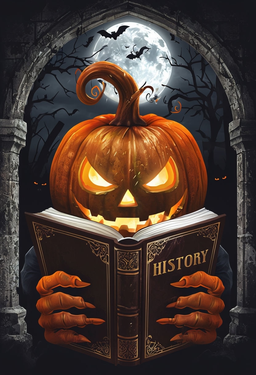 Eerie Jack-O'-Lantern Holding History Book Halloween Poster