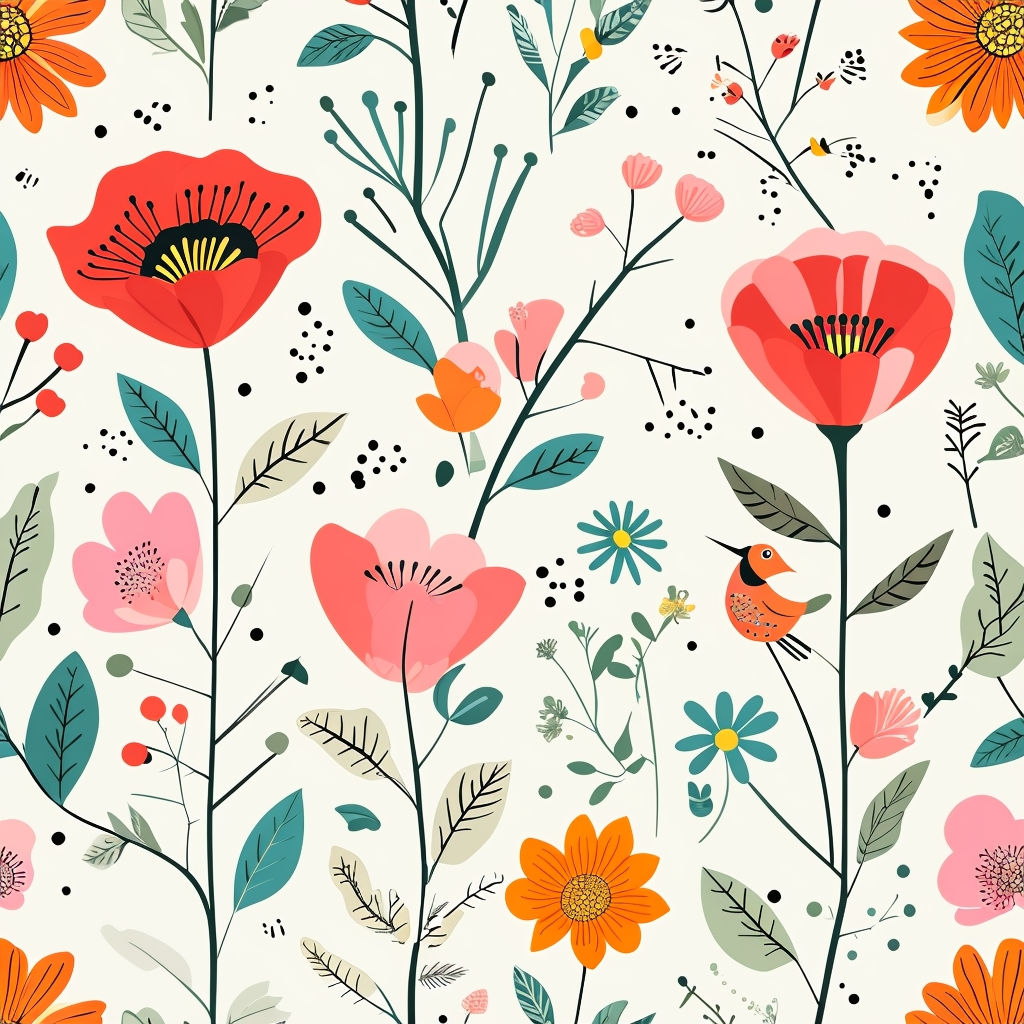 Vibrant Floral Seamless Pattern with Birds and Leaves Design Seamless Pattern