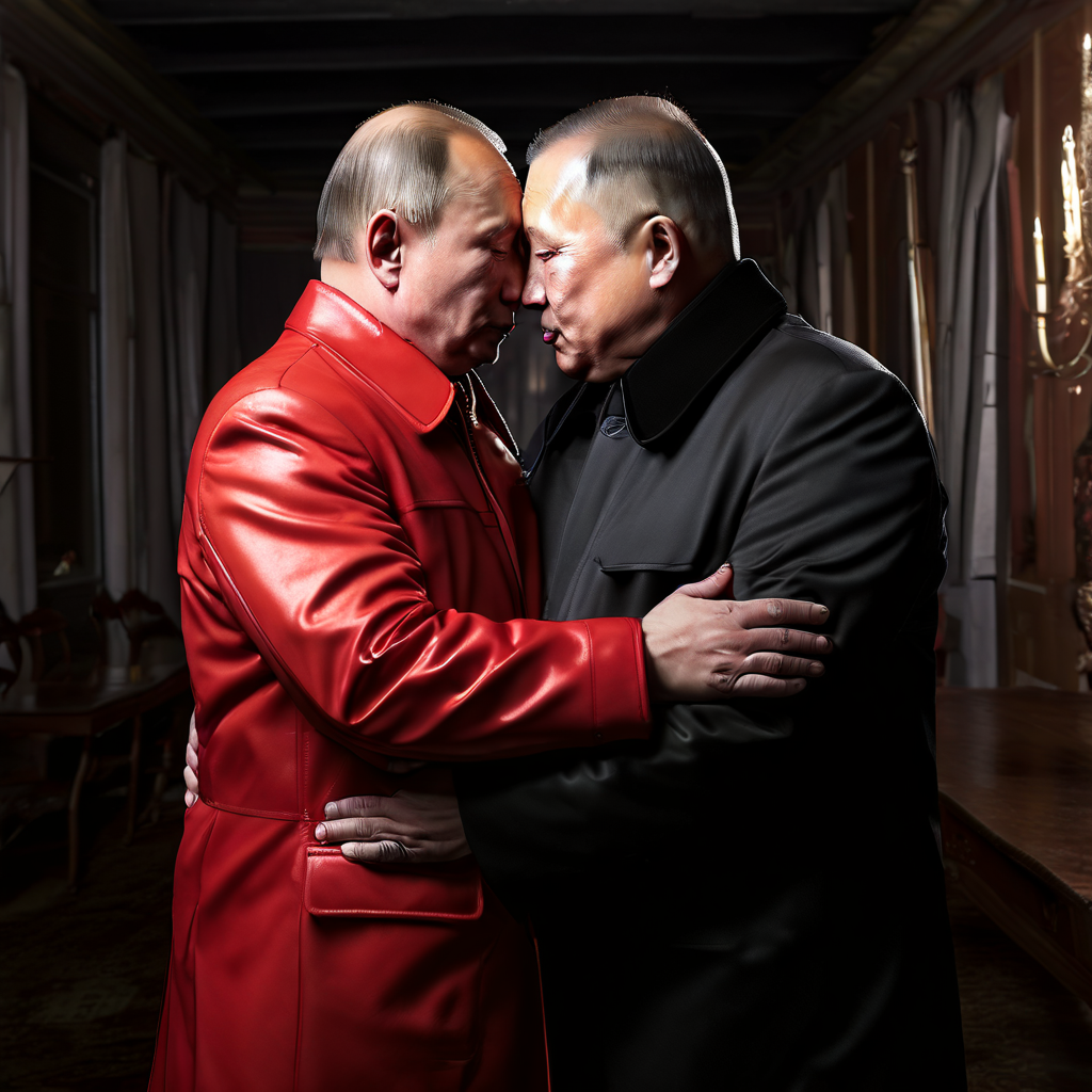 Vladimir Putin wearing a long red leather jacket kissing Kim... by Bert ...