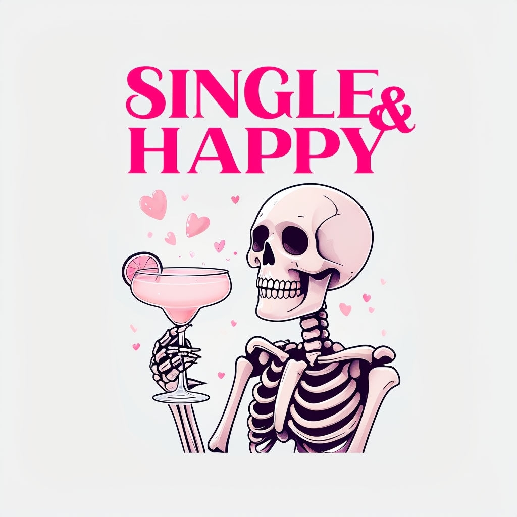 Single and Happy Skeleton Holding Pink Cocktail T-Shirt