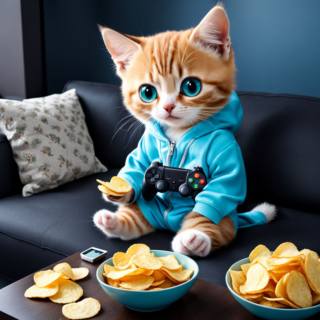 cute cartoon cat playing video games