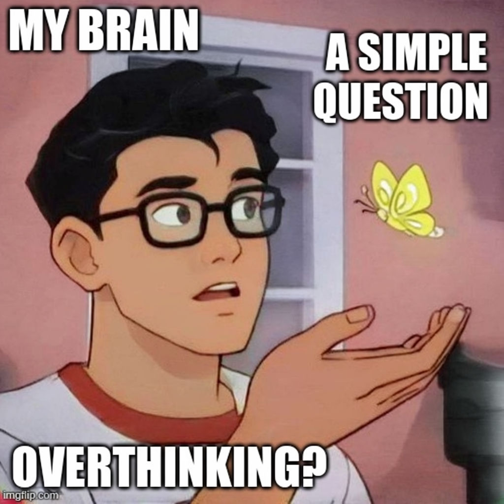 Humorous Cartoon Character Meme Questioning Life with Butterfly Interaction Meme