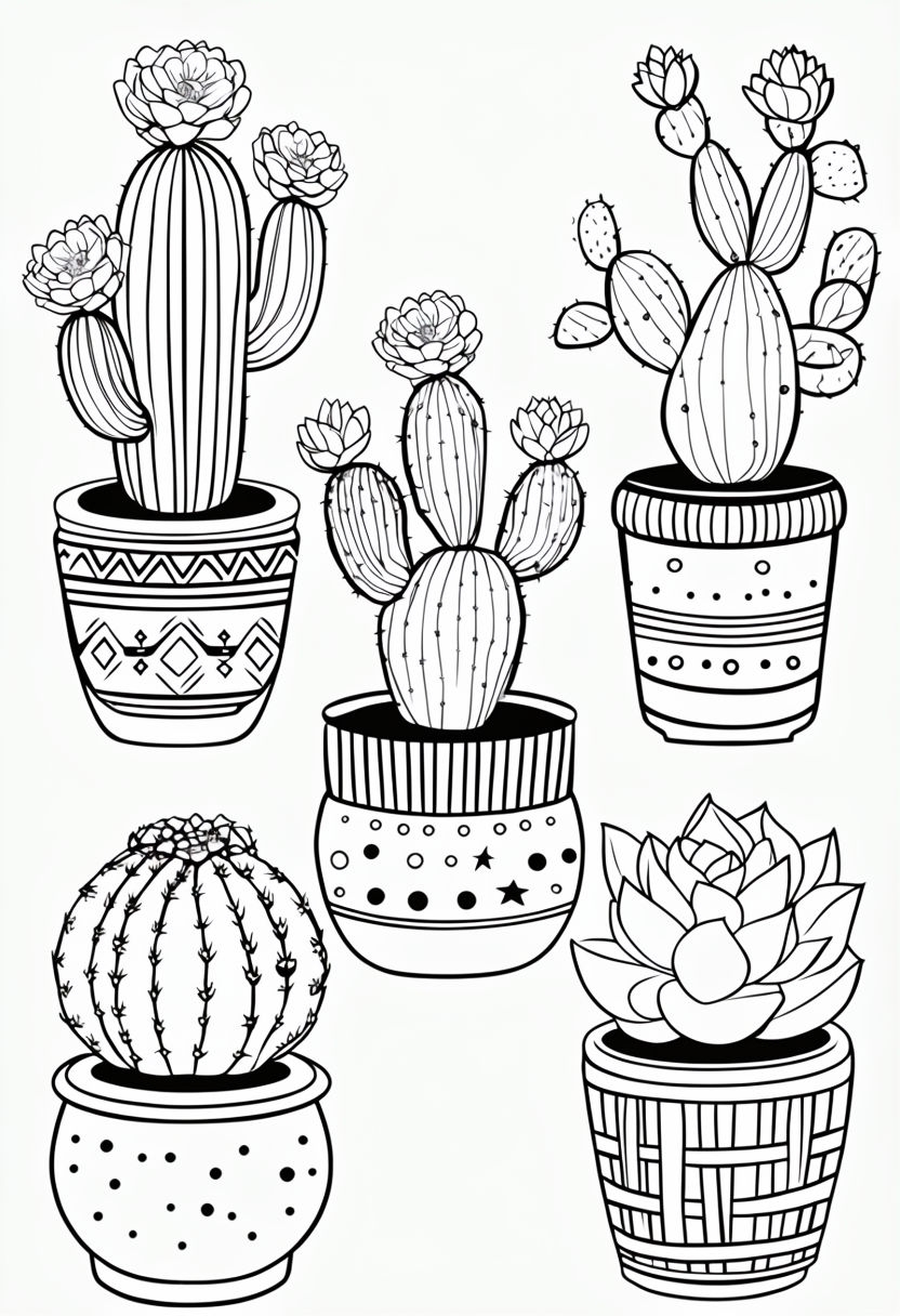 Intricate Cacti Collection Line Drawing for Coloring Book Pages