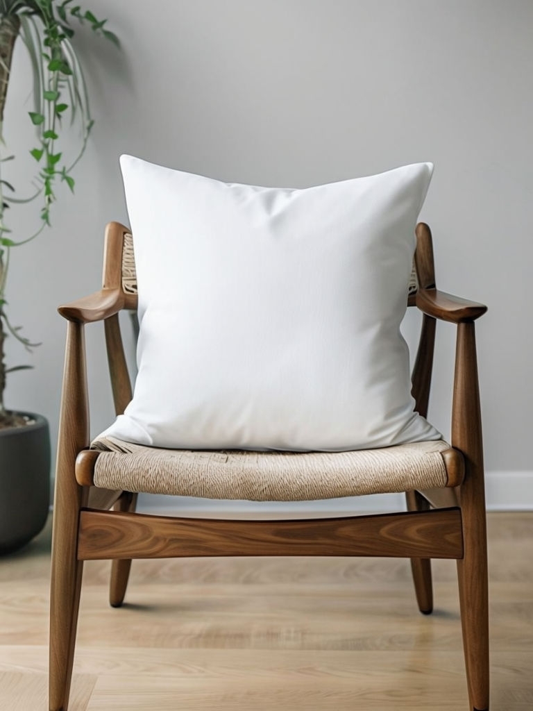 Minimalist White Pillow on Wooden Chair Mockup