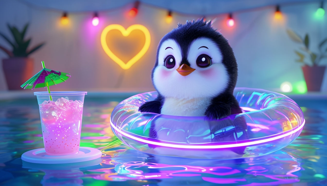 Whimsical Penguin in Neon Pool Party Scene Virtual Background