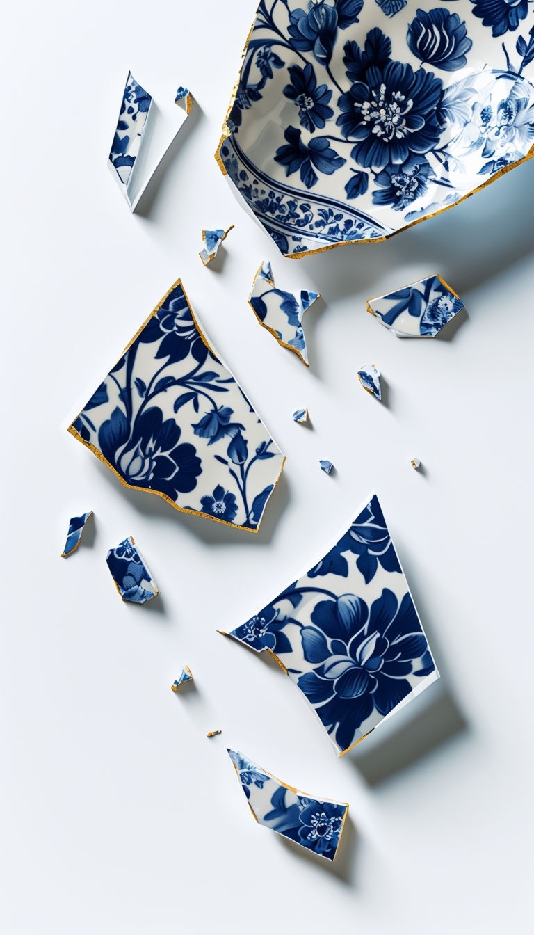 Elegant Shattered Porcelain Abstract Wallpaper in Delft Blue Mobile Wallpaper