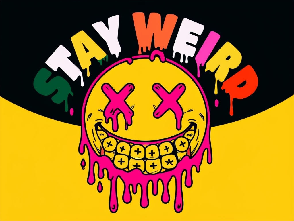 Vibrant Pop Art Smiley Face with Stay Weird Message Poster