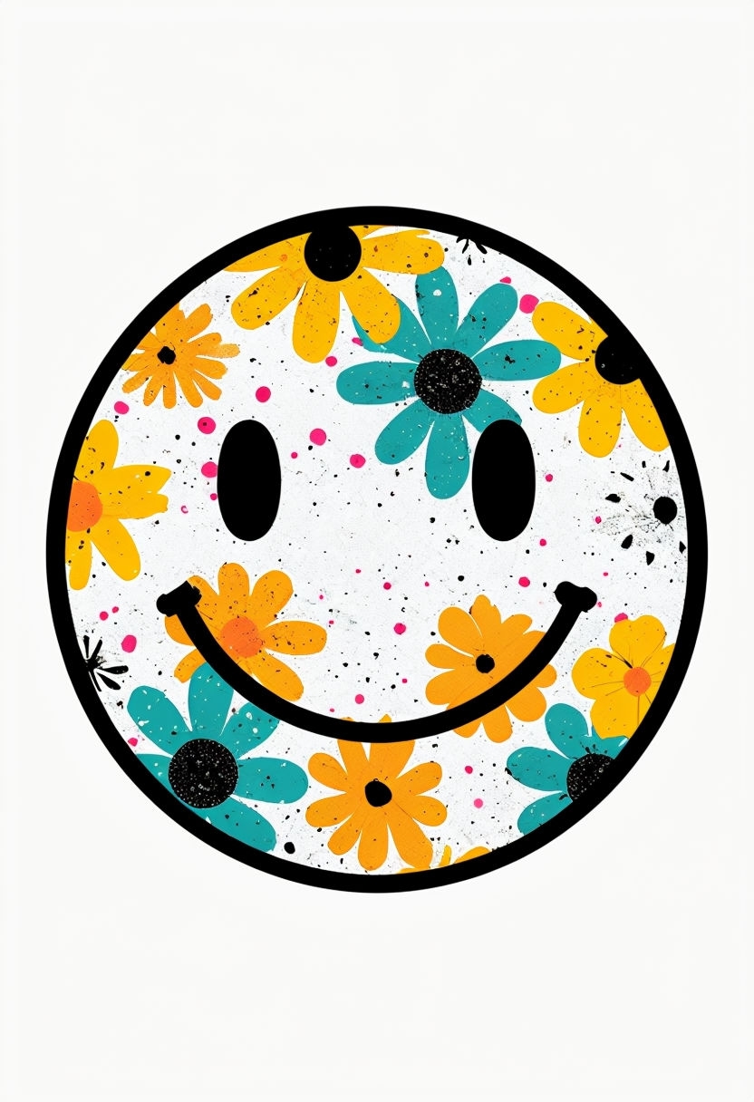 Vibrant Floral Smiling Face Graphic T-Shirt