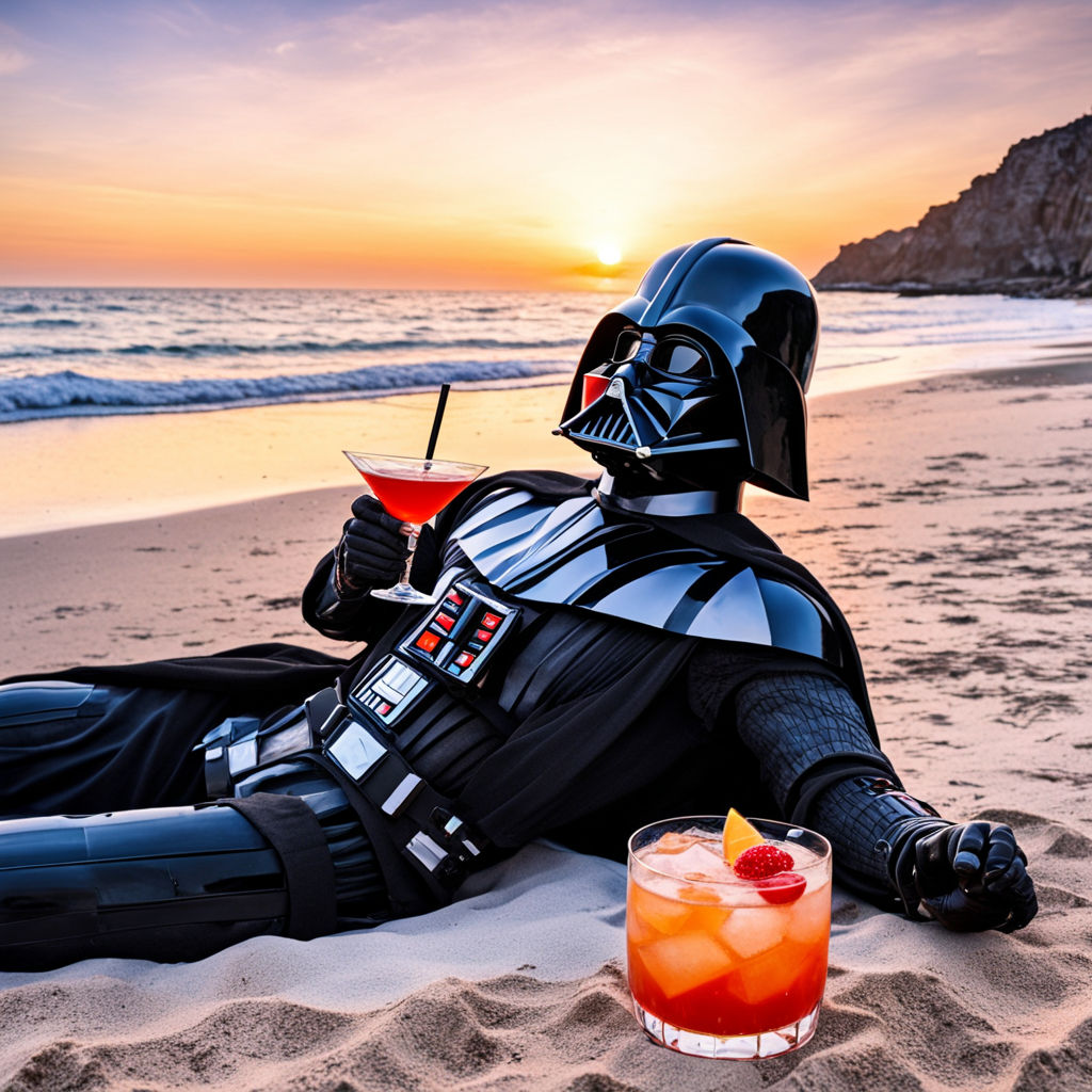 Darth Vader laying in the Caribbean with sex on the beach drink in his  hands