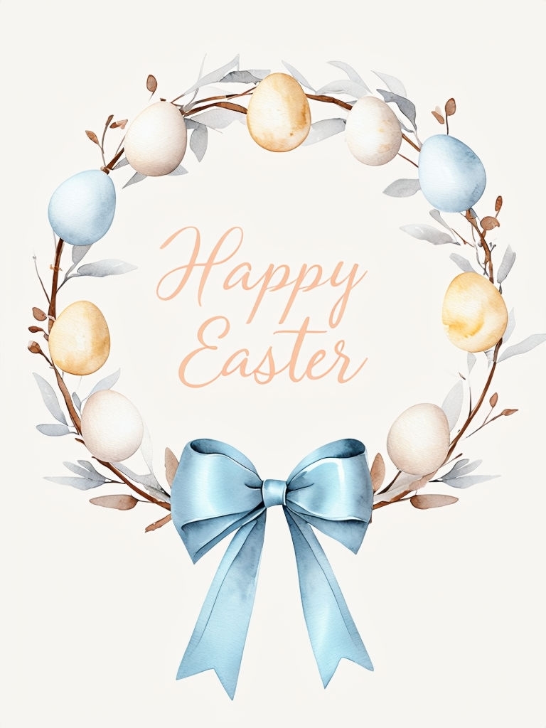 Elegant Watercolor Easter Wreath Illustration with Bow Card