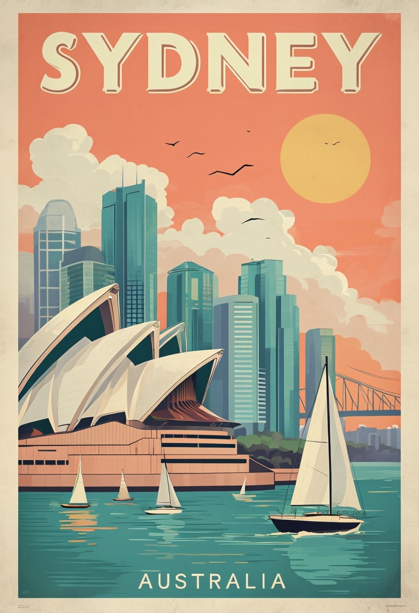 Vintage Sydney Australia Travel Poster Featuring Iconic Landmarks