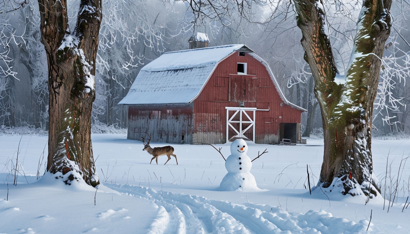 Serene Winter Barn Landscape with Snowman and Deer Art