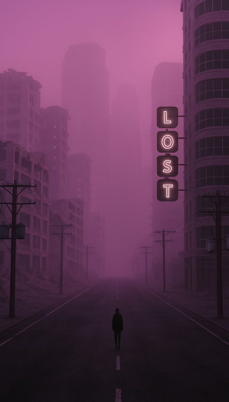 Post-Apocalyptic City Street in Vibrant Pink Mist Wallpaper