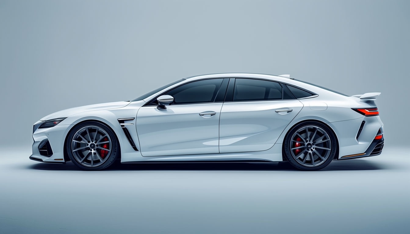 Sleek White Luxury Sedan Side Profile on Light Gray Background Virtual Backgrounds
