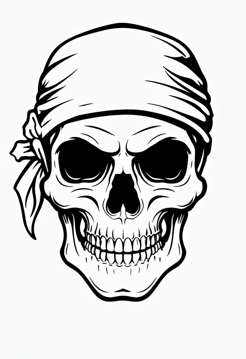Black and White Skull with Bandana Line Drawing Coloring Book Page