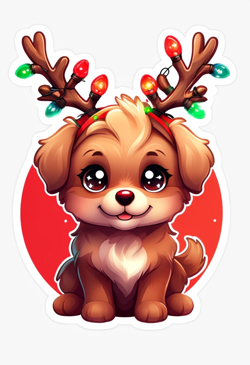 Cute Kawaii Puppy as Reindeer with Christmas Lights Sticker