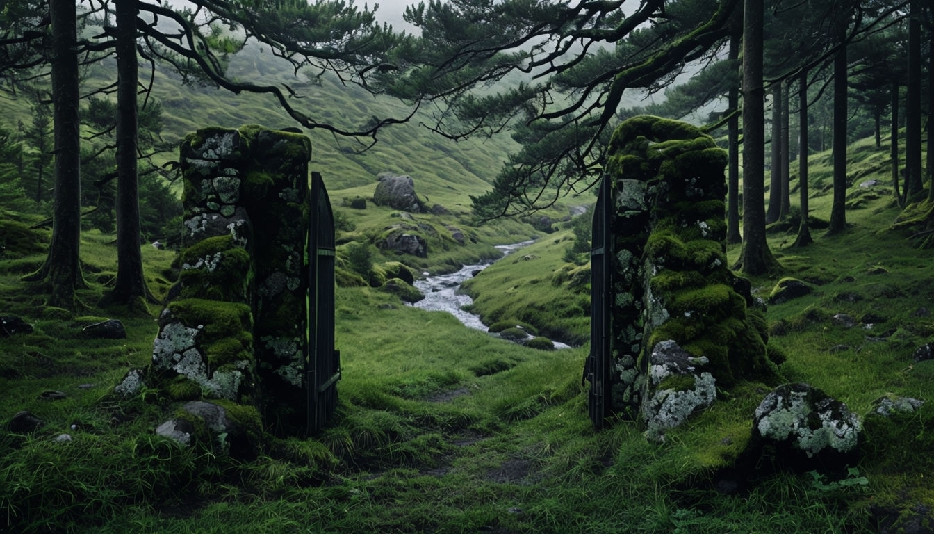 Mysterious Forest Ruins with Mossy Pillars Virtual Background
