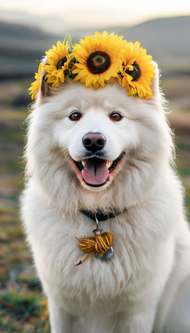 Cheerful Portrait of a White Samoyed Dog with Sunflower Crown Mobile Wallpaper