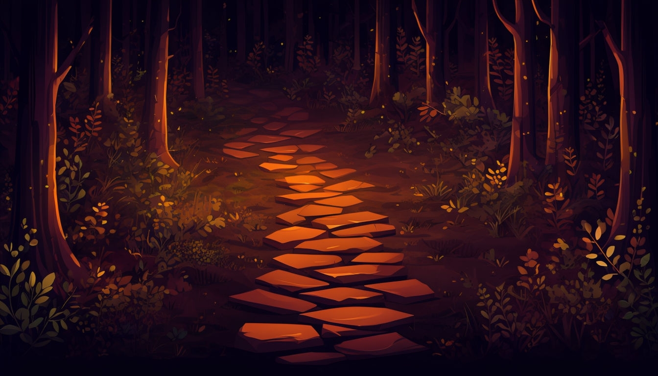 Eerie Dark Forest with Illuminated Pathway Digital Backgrounds