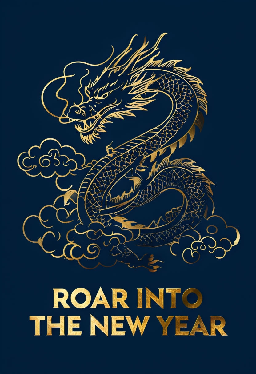 Monochrome Chinese Dragon and Gold Text New Year Art Poster