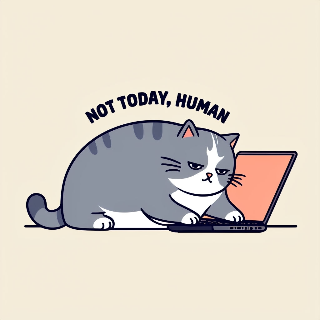 Chubby Gray Cat with Laptop and 'Not Today, Human' T-Shirt